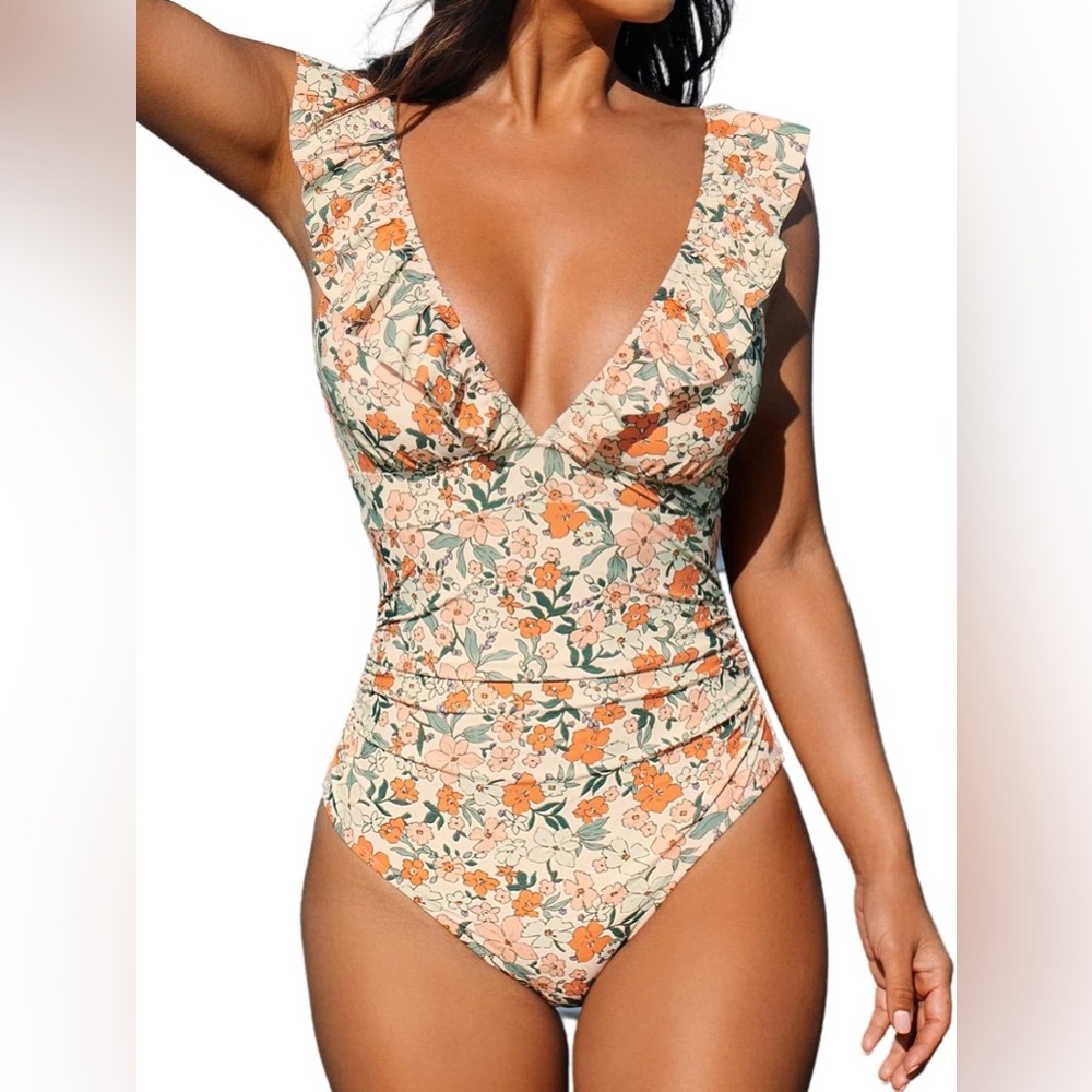 🆕CUPSHE Women's XS One Piece V-neck Ruffled Lace Up Back Swimsuit Monokini